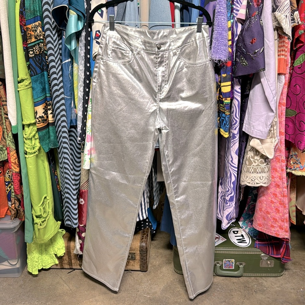 H&M Silver Metallic Hi-Waist Straight-leg Pant